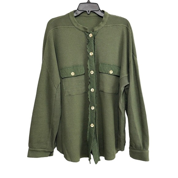 CHOU YATOU Women's‎ Size 2XL Green Lagenlook Button Up Waffle Knit Shacket - Picture 1 of 9